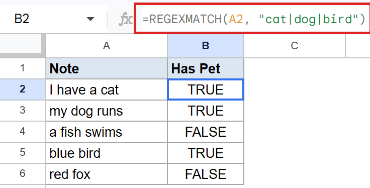 Google Sheets: REGEXMATCH(A2, "cat|dog|bird") formula highlighted, cell B2 shows TRUE.