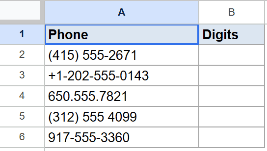 Google Sheet: Column A 'Phone' has various phone numbers; column B 'Digits' is empty.