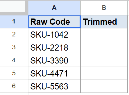 Google Sheets: "Raw Code" column A lists SKU numbers; "Trimmed" column B is empty.