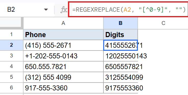 Google Sheets: REGEXREPLACE formula in B2 extracts digits from phone numbers.