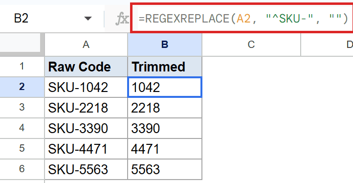 Google Sheets: REGEXREPLACE in B2 removes "SKU-" prefix from Raw Code column.