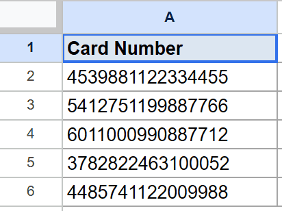 Google Sheet with 'Card Number' header in column A and five rows of sample card numbers.