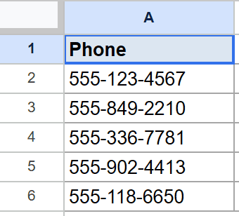Google Sheets showing a 'Phone' column with five phone numbers.