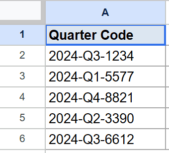 Google Sheets: "Quarter Code" column with example data like "2024-Q3-1234".