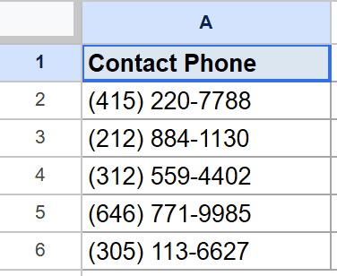 Google Sheet with "Contact Phone" header and five phone numbers for the REPLACE tutorial.