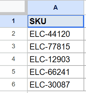 Google Sheets dataset: column A has "SKU" header and five "ELC-xxxxx" product codes.
