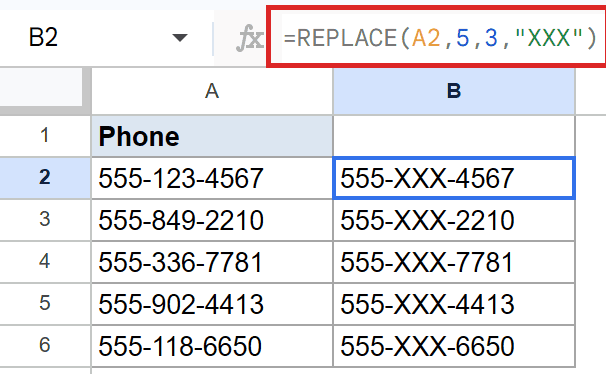 Google Sheets with REPLACE(A2, 5, 3, "XXX") formula in cell B2 masking phone numbers.