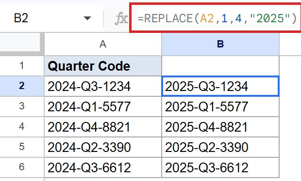 Sheets formula bar shows =REPLACE(A2,1,4,"2025"), changing 2024 year codes to 2025.