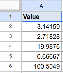 Google Sheet showing column A with "Value" header and five numbers to be rounded.