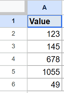 Google Sheets Example 3 dataset: a "Value" column with whole numbers for rounding.