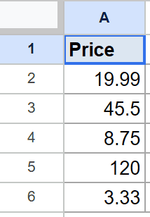 Google Sheet: 'Price' header with numbers 19.99, 45.5, 8.75, 120, 3.33.