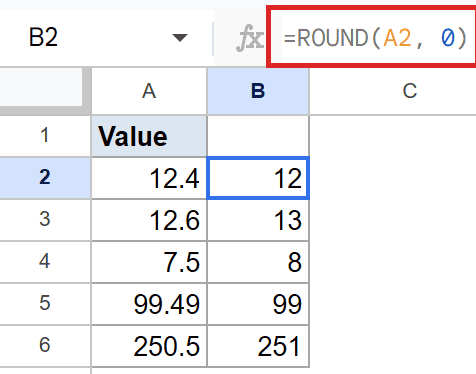 Google Sheets: Formula bar shows =ROUND(A2, 0) for B2, rounding 12.4 to 12.
