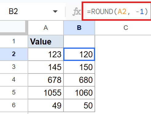 Google Sheets: B2 shows 120 from `=ROUND(A2, -1)`, rounding to nearest ten.