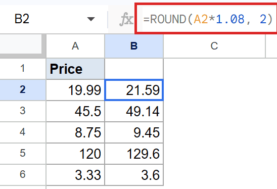 Google Sheets: `=ROUND(A2*1.08, 2)` formula in formula bar, B2 displays 21.59.