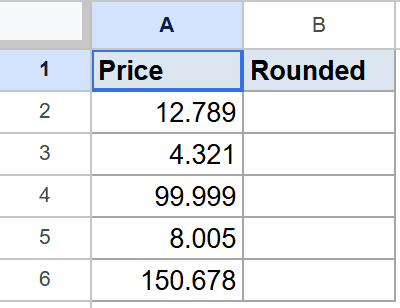 Google Sheet with "Price" column (numbers A2:A6) and empty "Rounded" column B. A1 selected.
