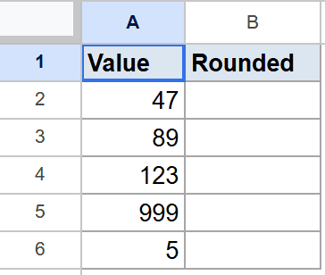 Google Sheets showing 'Value' column A with numbers and empty 'Rounded' column B.