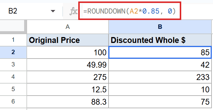 Google Sheets: formula bar displays =ROUNDDOWN(A2*0.85, 0) for discounted whole dollars.