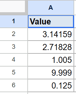 Google Sheets column A displays "Value" header and five numbers for ROUNDUP tutorial.