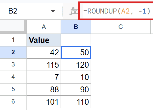 Google Sheets: ROUNDUP(A2, -1) rounds 42 to 50, demonstrating rounding to tens.