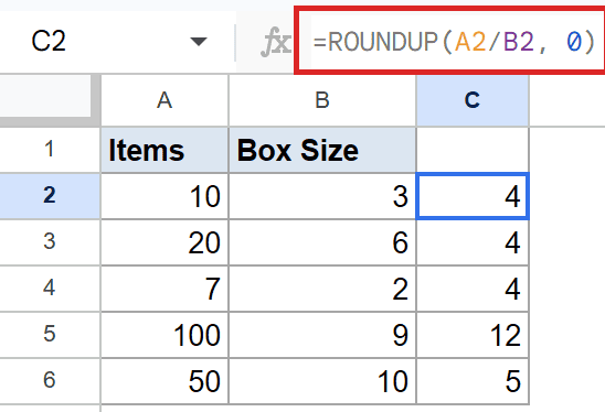 Google Sheets: C2 selected, formula bar shows =ROUNDUP(A2/B2, 0); C2 displays 4.