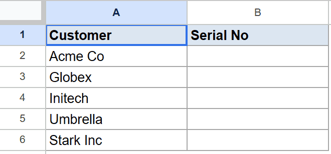 Google Sheet: Customer names in column A, empty Serial No column B.