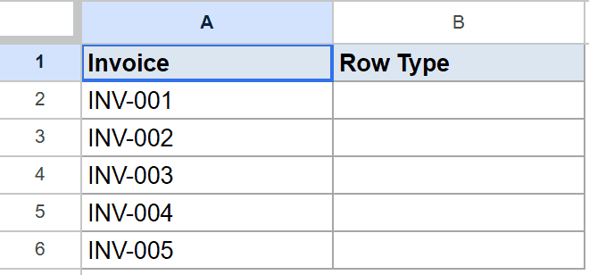 Google Sheet showing Invoice data (INV-001 to INV-005) and empty "Row Type" column.