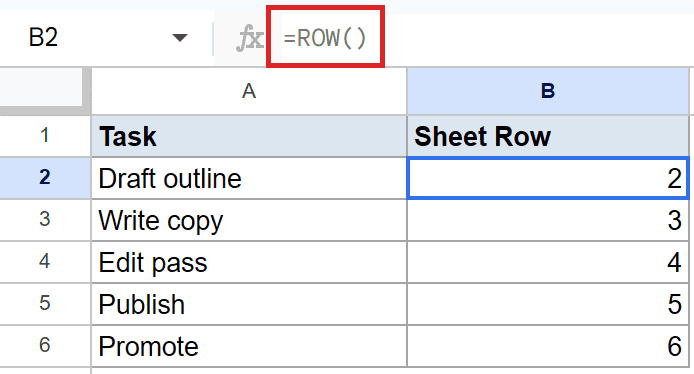Google Sheets: =ROW() formula in B2 returns absolute row numbers 2 through 6.