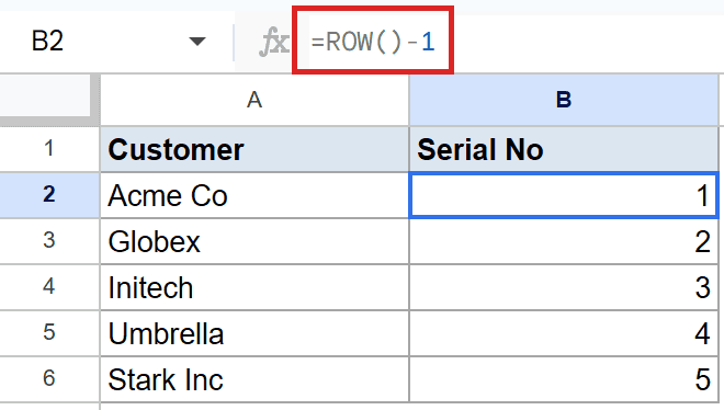 Google Sheets: formula `=ROW()-1` in formula bar generates serial numbers starting from 1 in B2.