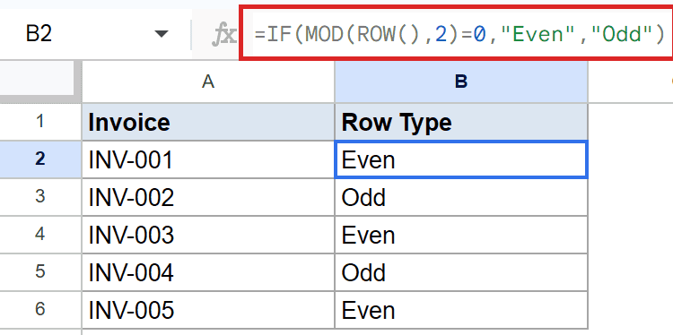 Google Sheets: B2 shows `=IF(MOD(ROW(),2)=0,"Even","Odd")` identifying row type as Even.