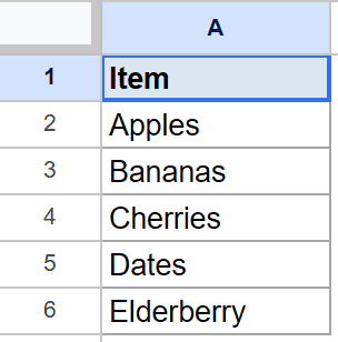 Google Sheets column A with 'Item' header and fruits Apples through Elderberry.