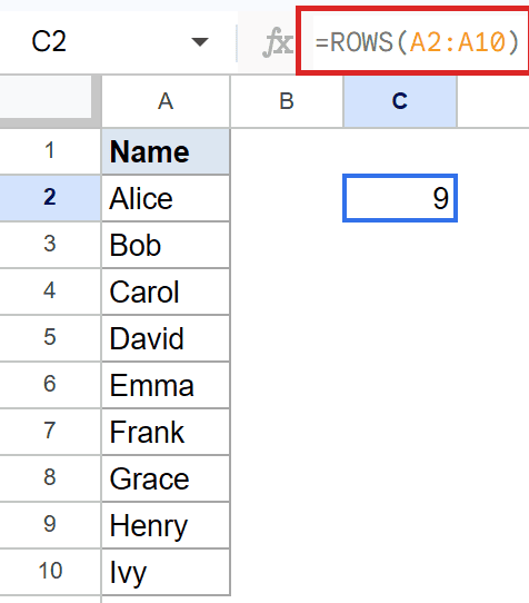 Google Sheets showing `=ROWS(A2:A10)` in the formula bar, counting names Alice to Ivy.