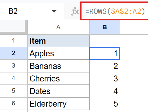 Google Sheets: Running row number formula `=ROWS($A$2:A2)` in B2's formula bar.