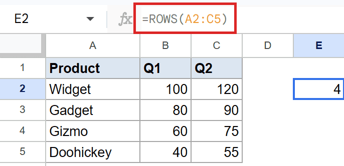 Google Sheets: Formula bar shows `=ROWS(A2:C5)` counting four rows of product data.