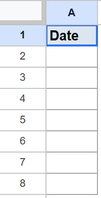 Google Sheet with 'Date' in cell A1; column A cells A2-A8 are empty.