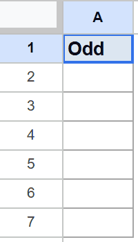 Google Sheets displaying "Odd" in cell A1, setting up an odd number sequence.