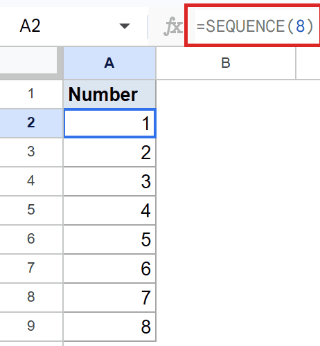 `=SEQUENCE(8)` in formula bar, producing numbers 1-8 in column A.