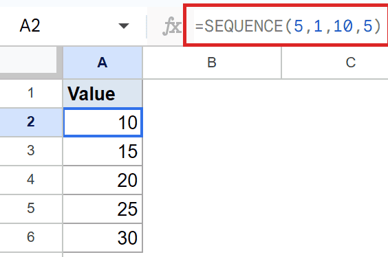 The SEQUENCE(5,1,10,5) formula in A2 generates the sequence 10, 15, 20, 25, 30.
