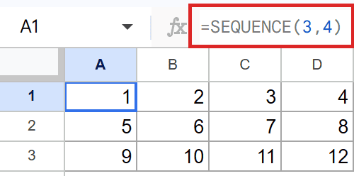Sheets: Formula =SEQUENCE(3,4) in A1 populates a 3x4 grid of numbers 1-12.