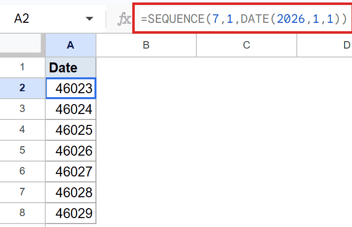 Google Sheets: `=SEQUENCE(7,1,DATE(2026,1,1))` generates a numeric date sequence in column A.