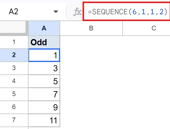 Google Sheets shows =SEQUENCE(6,1,1,2) generating 6 odd numbers starting from 1.