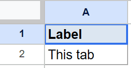 Google Sheets: A1 has 'Label', A2 has 'This tab' for the initial dataset.