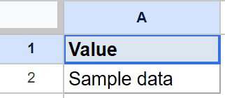 Google Sheet: "Value" in A1, "Sample data" in A2 for Example 2 dataset.