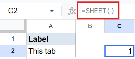 Google Sheets formula bar showing the `=SHEET()` function for cell C2.