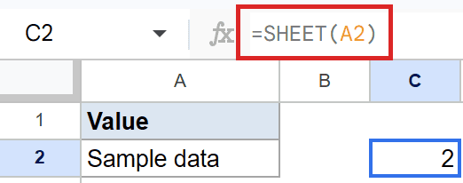 Google Sheets: Formula `=SHEET(A2)` for cell C2 displayed in the formula bar.