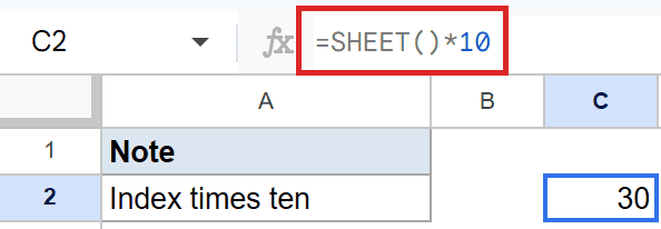 Google Sheets: Cell C2 selected, formula bar shows `=SHEET() * 10`.