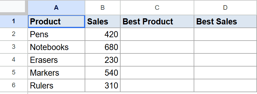 Google Sheet with Product and Sales data, and empty Best Product, Best Sales columns.