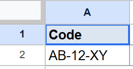 Google Sheet with 'Code' in A1 and 'AB-12-XY' in A2 for text splitting.
