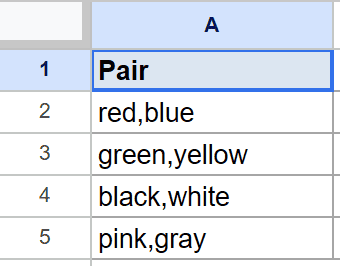 Google Sheets: Column A displays "Pair" header and four rows of comma-separated color pairs.