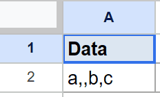Google Sheets showing cell A1 "Data" and A2 "a,,b,c" as the SPLIT function dataset.