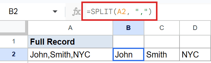 Google Sheets: B2 formula =SPLIT(A2, ",") splits "John,Smith,NYC" by comma.